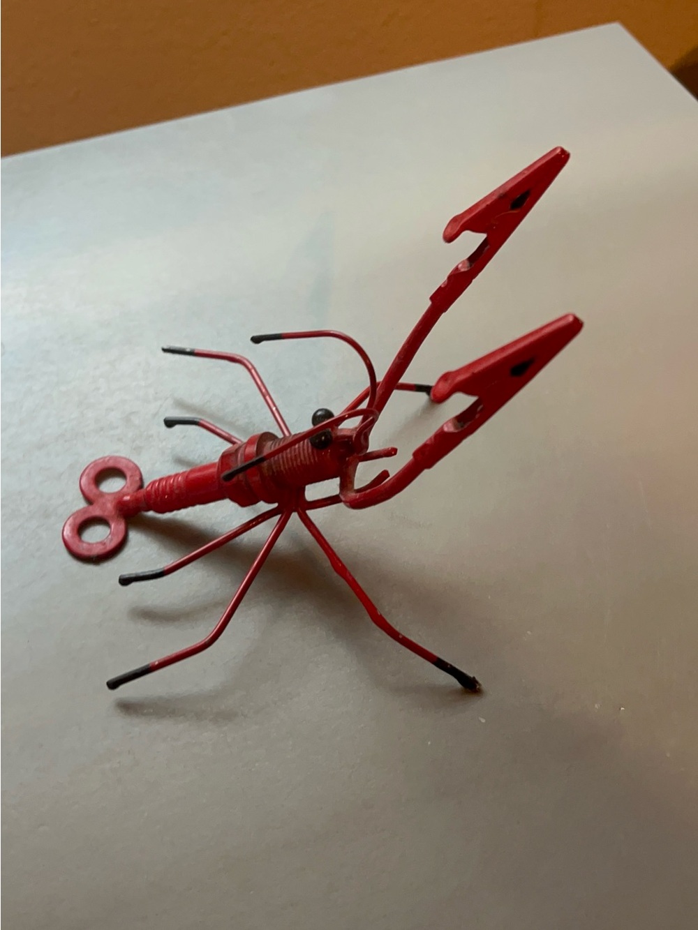 Handcrafted Red Metal Folk Art Crawfish Note/Card Holder Sculpture